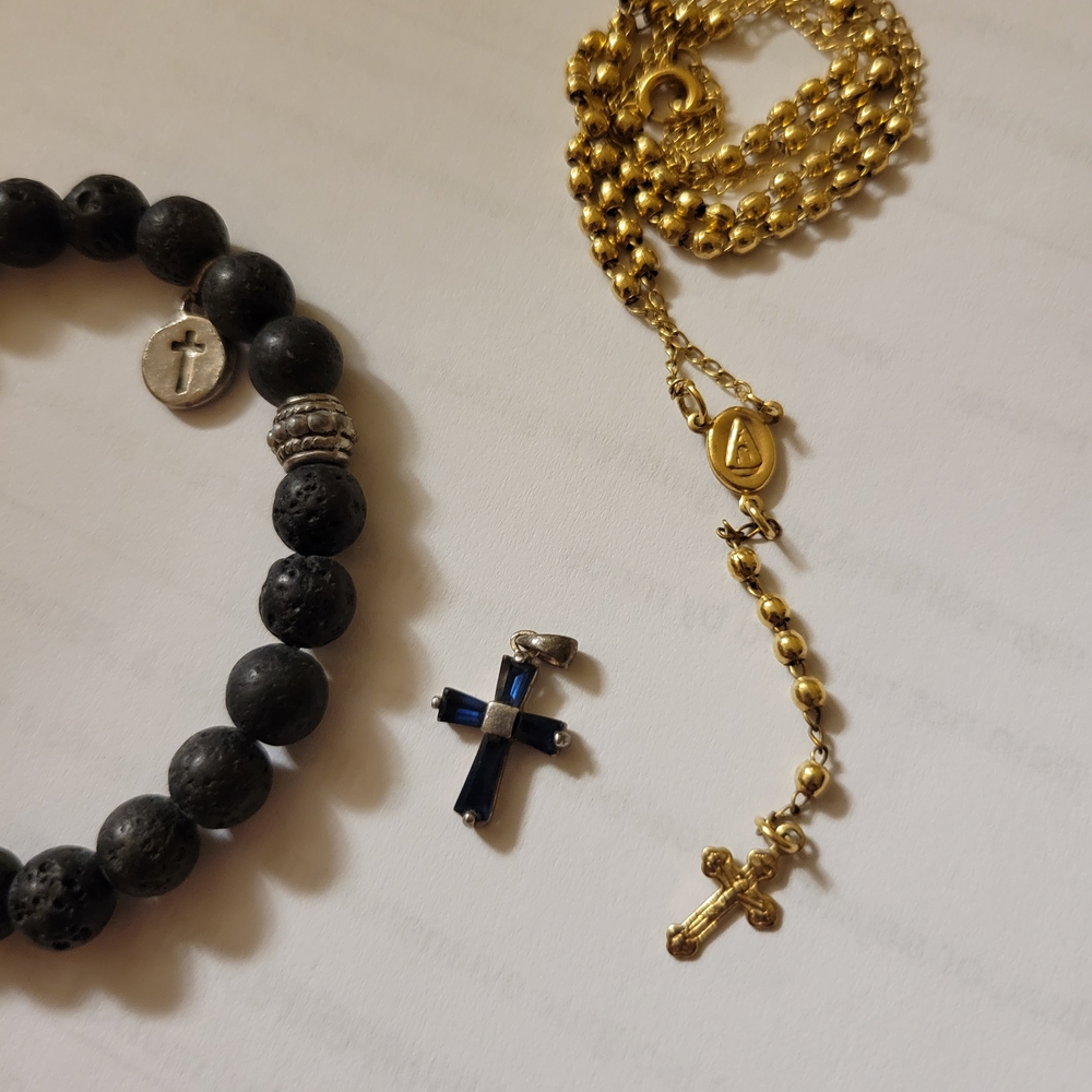 Lava Rock Beaded Stretch Bracelet with Cross Charm Only • Black Stone Bracelet
